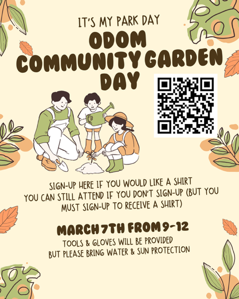Odom Community Garden Day flyer in English